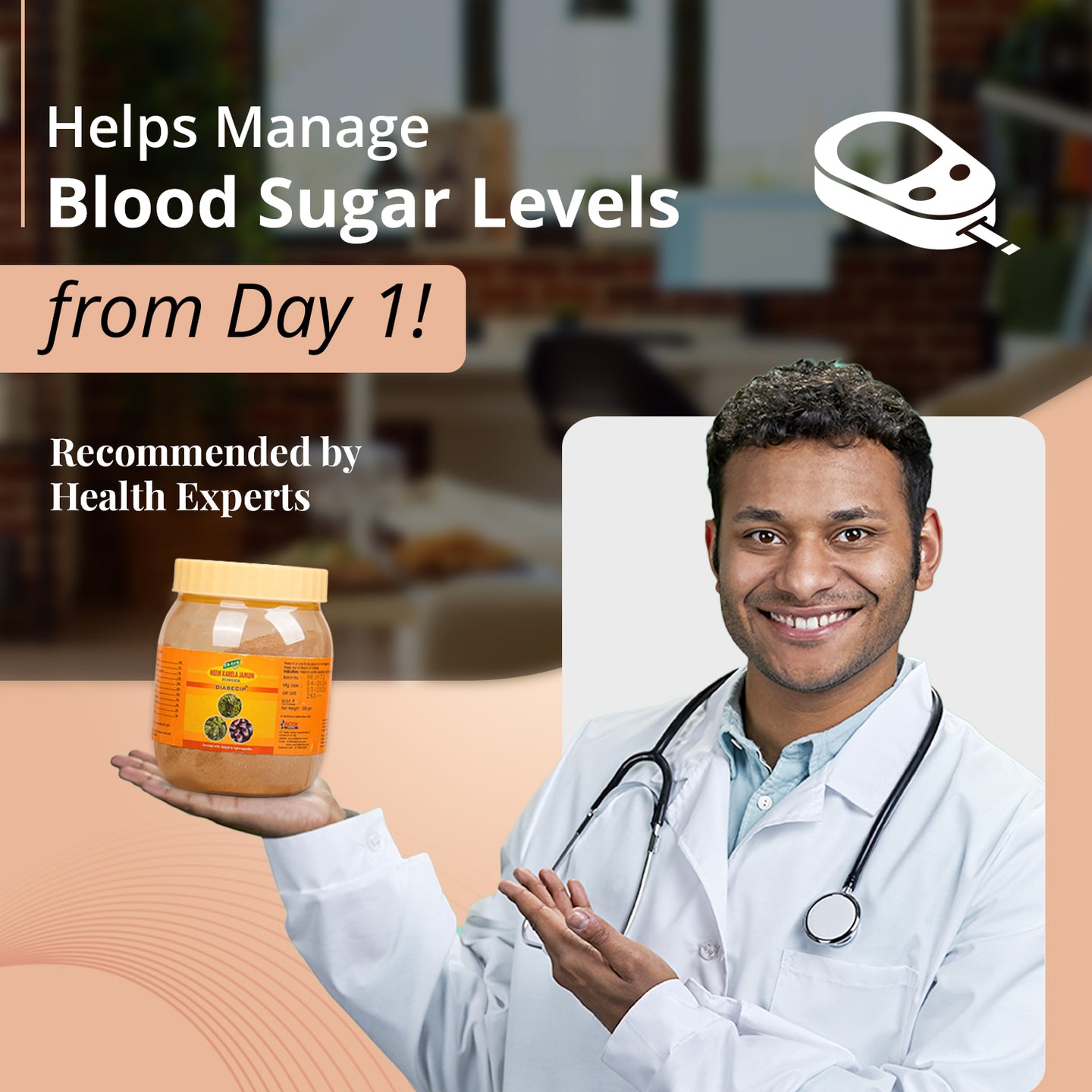 a doctor holding karela jamun powder and text overlay